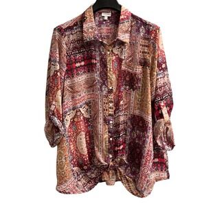 Avenue Top Womens 22/24 Patchwork Chiffon Button Down Casual Tunic Boho Hippie